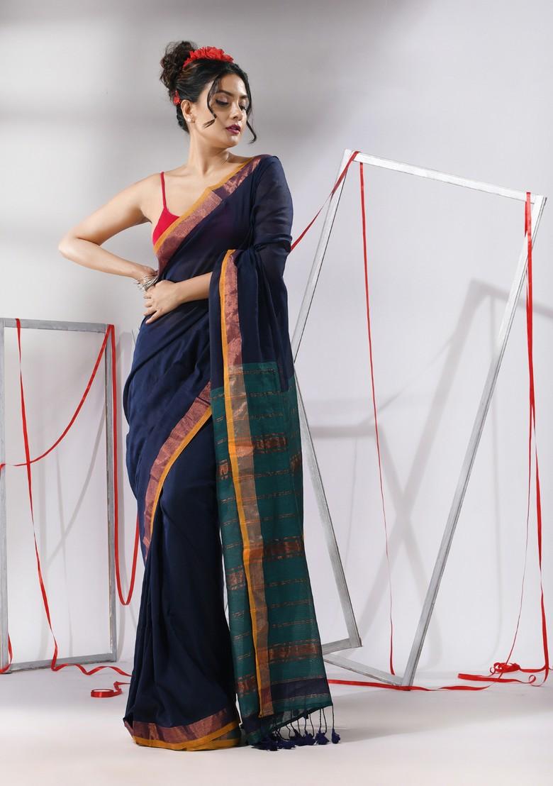 Navy Blue Woven Design Striped Cotton Saree Set