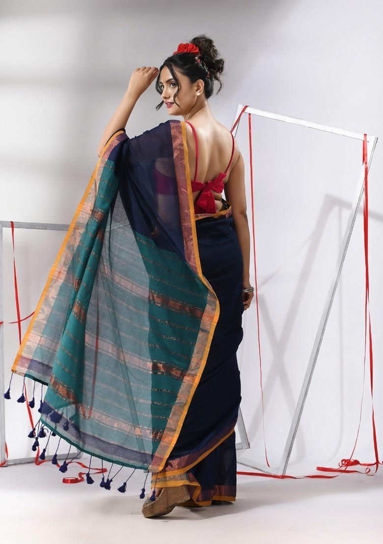 Navy Blue Woven Design Striped Cotton Saree Set