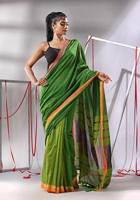 Green Striped Cotton Saree Set