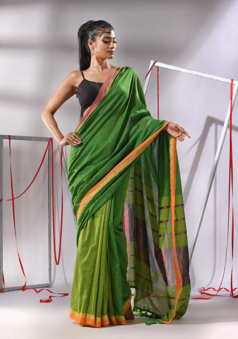 Green Striped Cotton Saree Set for Diwali and Festive Wear - Indya