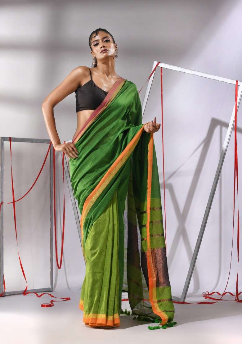 Green Striped Cotton Saree Set for Diwali and Festive Wear - Indya