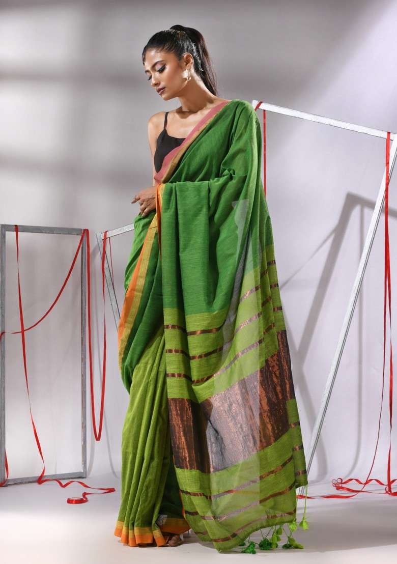 Green Striped Cotton Saree Set for Diwali and Festive Wear - Indya