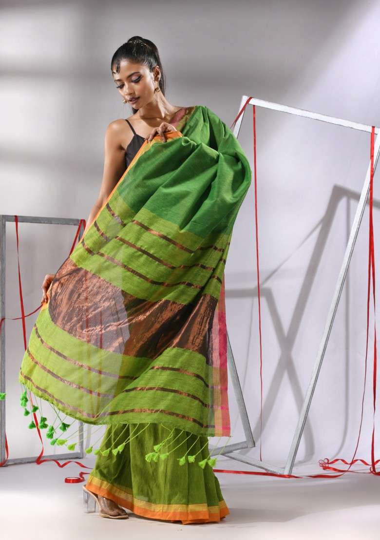 Green Striped Cotton Saree Set for Diwali and Festive Wear - Indya