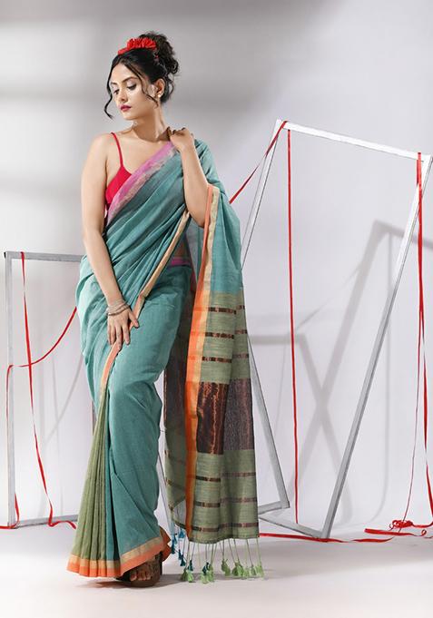 Ice Blue Striped Cotton Saree Set