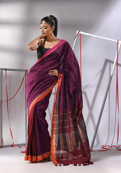 Magenta Striped Cotton Saree Set