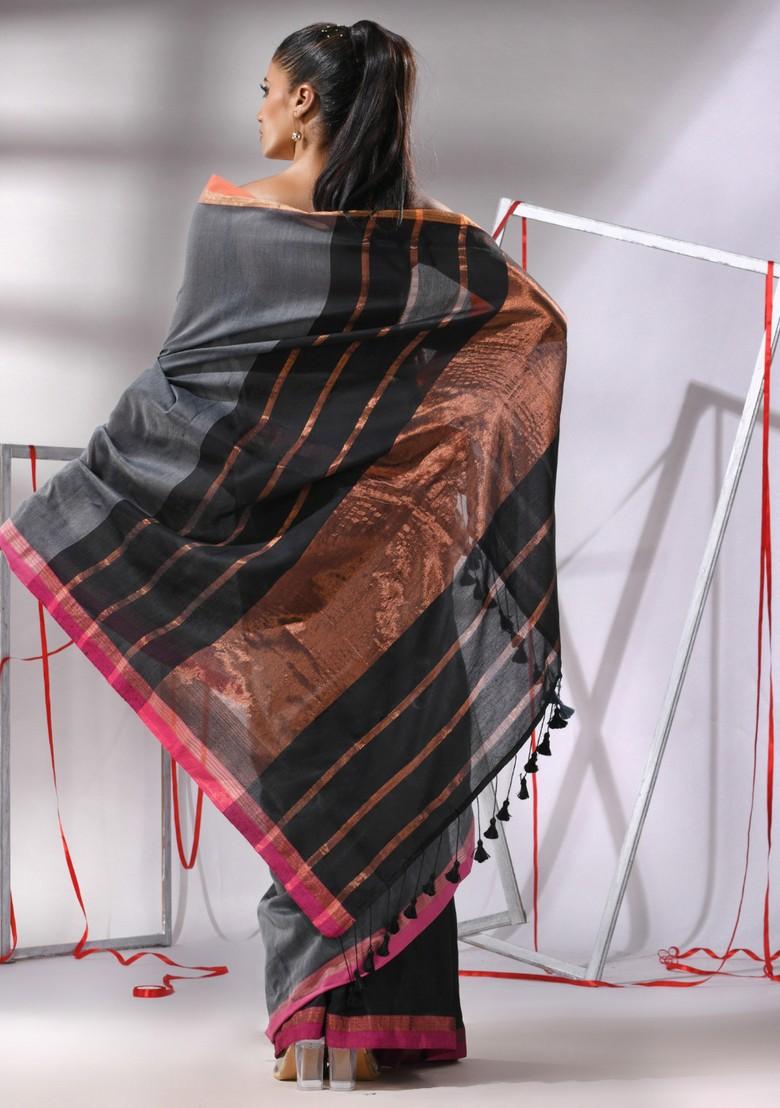 Grey Striped Cotton Saree Set - Indya