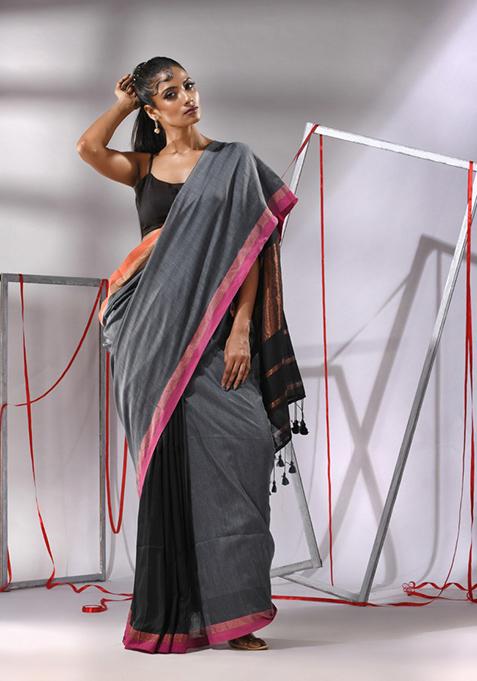 Grey Striped Cotton Saree Set