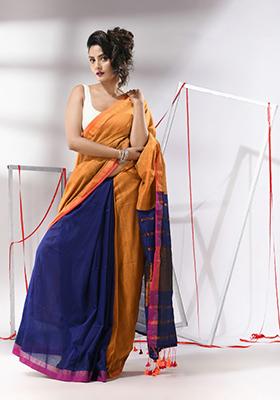 Mustard Striped Woven Design Cotton Saree Set