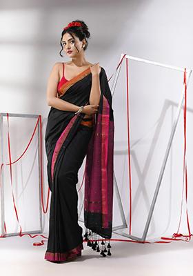 Black Sequin Work Cotton Saree Set