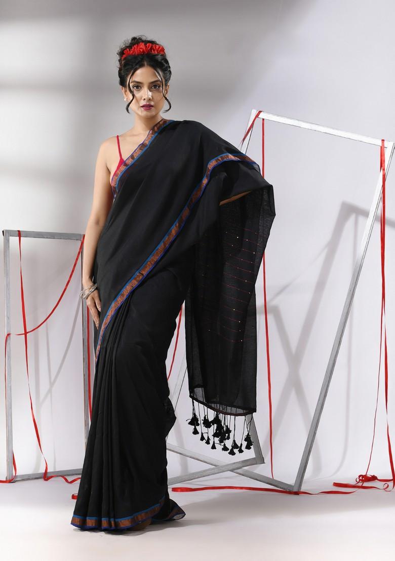 Black Sequin Work Cotton Saree Set - Indya