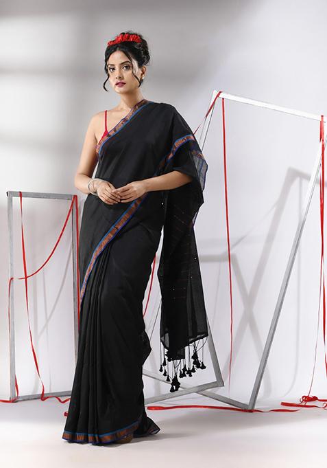 Black Sequin Work Cotton Saree Set