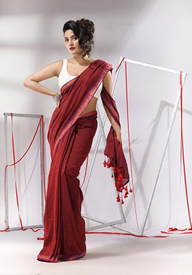Red Sequin Work Cotton Saree Set