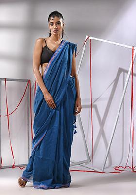 Sapphire Blue Sequin Woven Work Cotton Saree Set