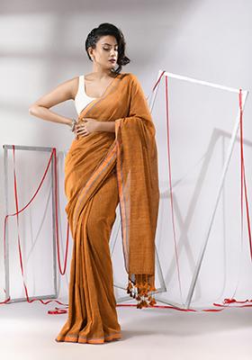 Mustard Sequin Woven Work Cotton Saree Set