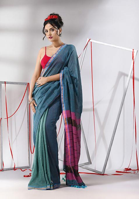 Teal Sequin Zari Woven Work Cotton Saree Set