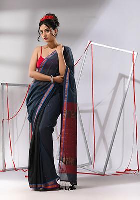 Grey Sequin Zari Woven Work Cotton Saree Set