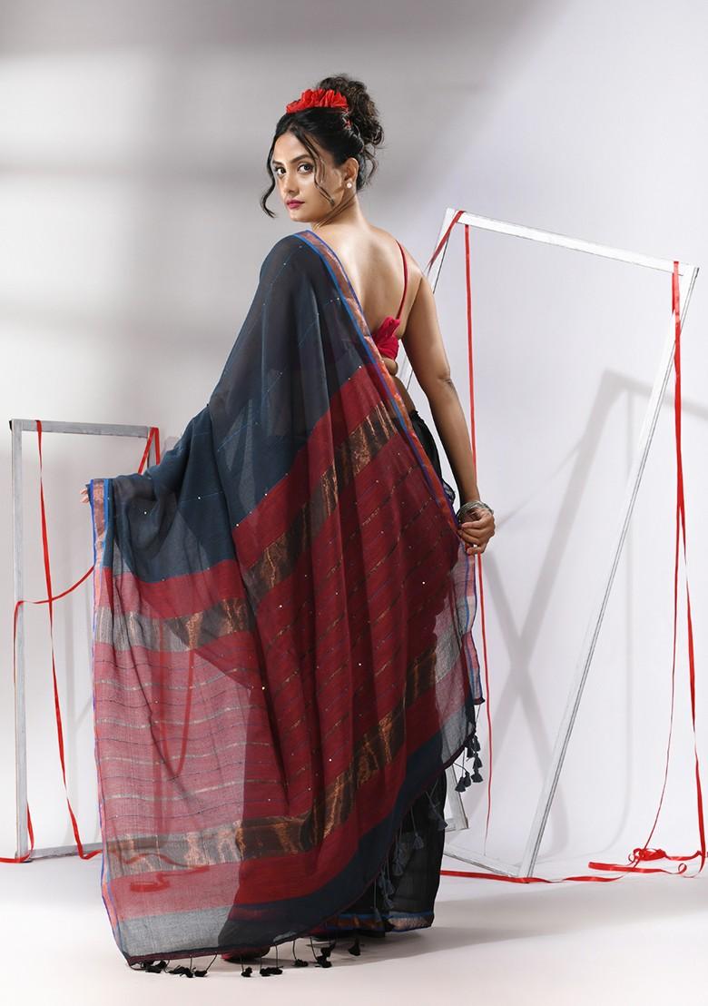 Grey Sequin Zari Woven Work Cotton Saree Set - Indya