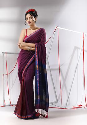 Plum Purple Sequin Zari Woven Work Cotton Saree Set
