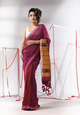 Magenta Sequin Zari Woven Work Cotton Saree Set