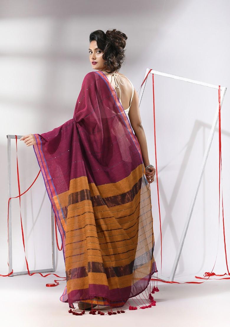 Magenta Sequin Zari Woven Work Cotton Saree Set - Indya