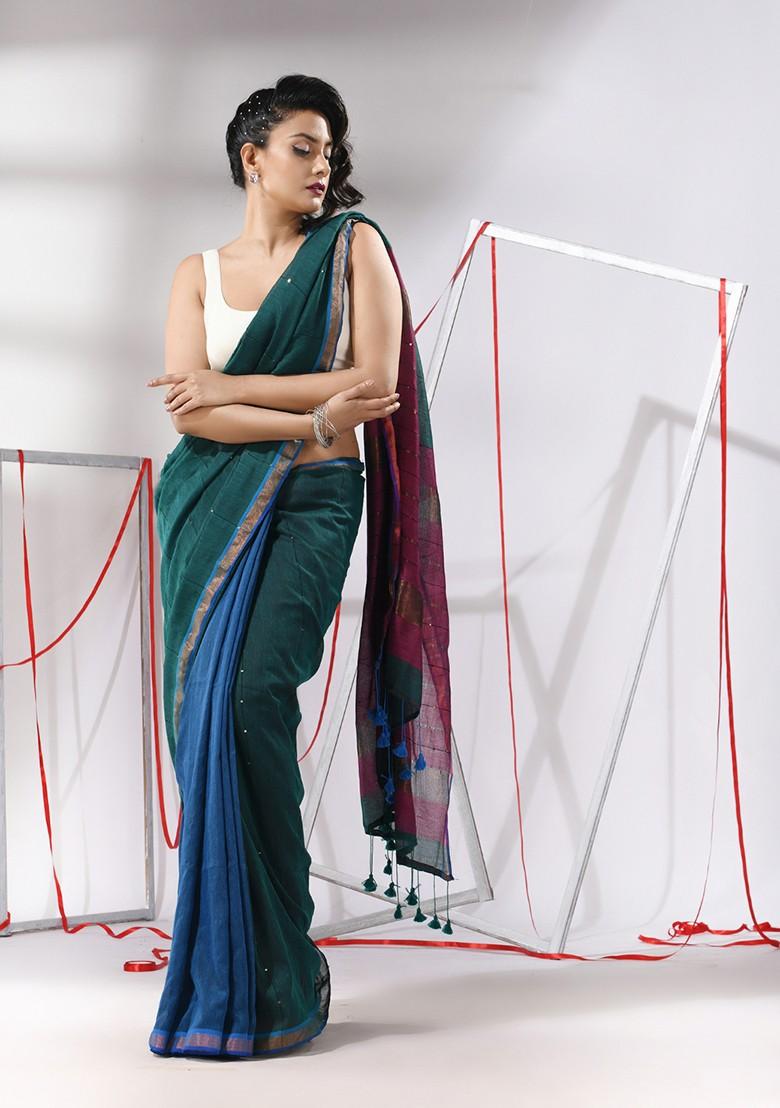 Teal Sequin Zari Woven Work Cotton Saree Set