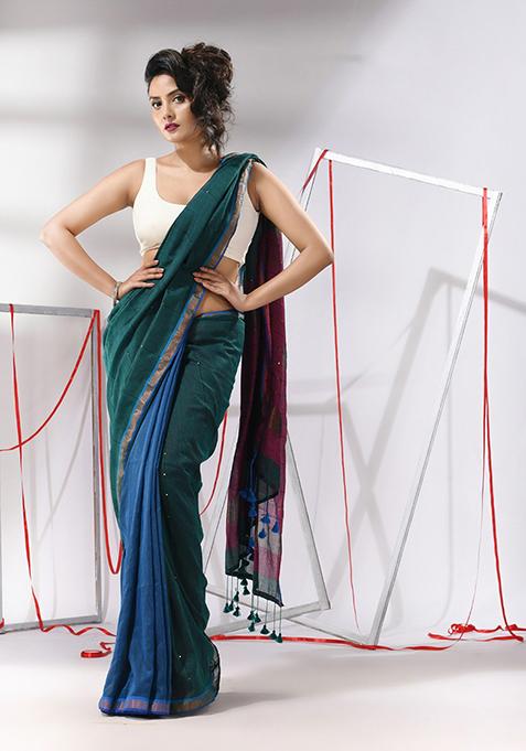 Teal Sequin Zari Woven Work Cotton Saree Set