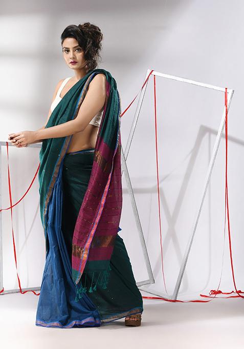 Teal Sequin Zari Woven Work Cotton Saree Set