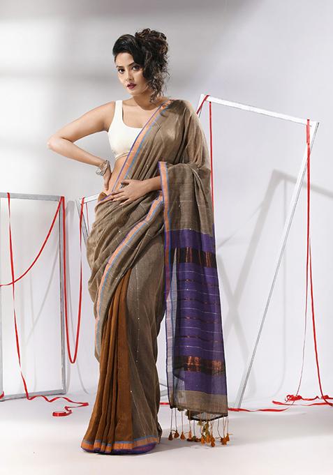 Ecru Sequin Zari Woven Work Cotton Saree Set