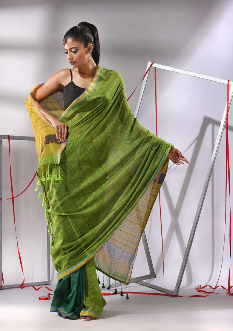 Green Zari Woven Work Cotton Saree Set with Sequin for Diwali | Wedding & Festive Wear - Indya