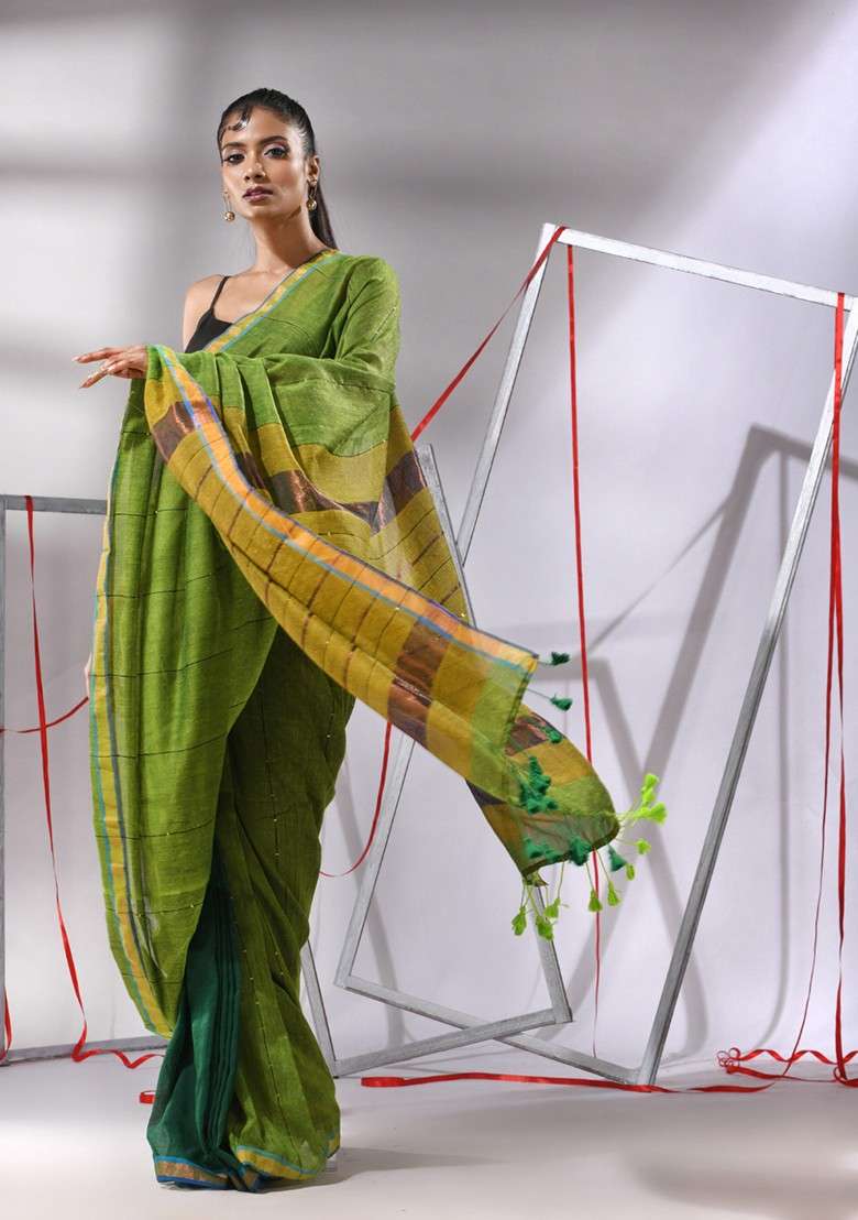 Green Zari Woven Work Cotton Saree Set with Sequin for Diwali | Wedding & Festive Wear - Indya