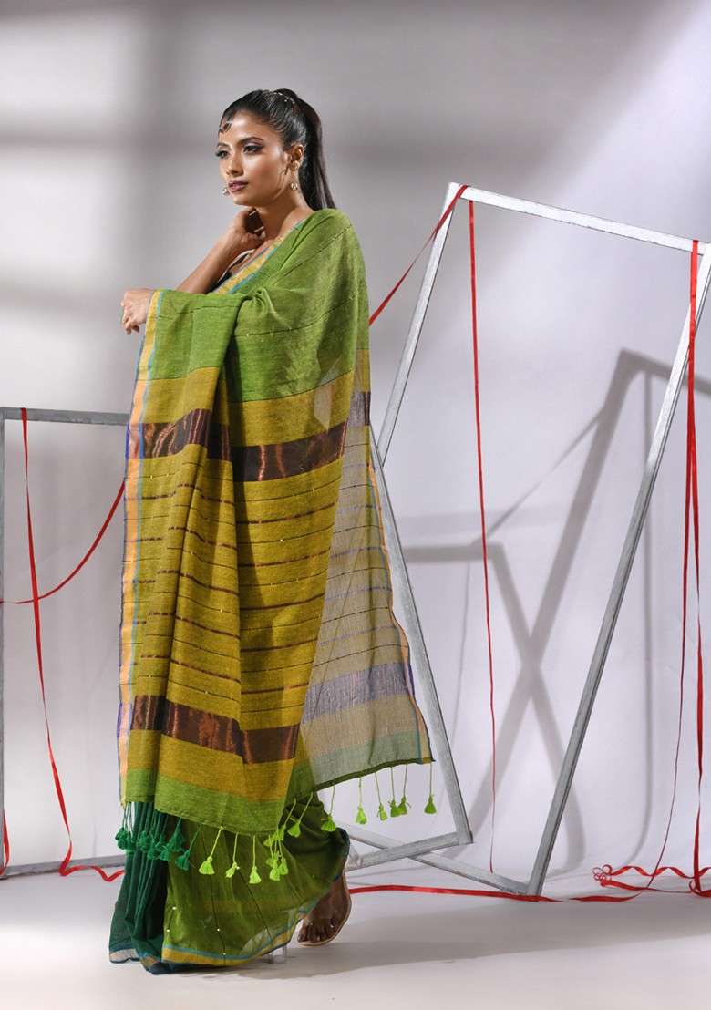 Green Zari Woven Work Cotton Saree Set with Sequin for Diwali | Wedding & Festive Wear - Indya