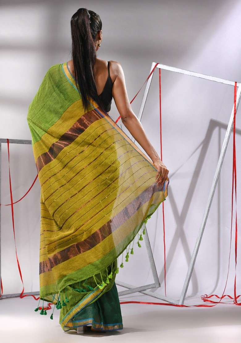 Green Zari Woven Work Cotton Saree Set with Sequin for Diwali | Wedding & Festive Wear - Indya