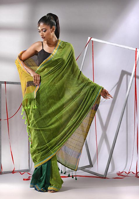 Green Sequin Zari Woven Work Cotton Saree Set