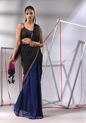 Black Sequin Zari Woven Work Cotton Saree Set