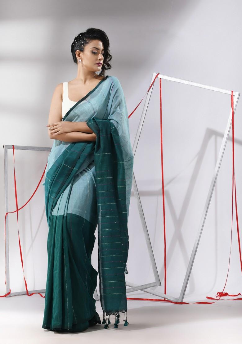 Teal Sequin Woven Work Cotton Saree Set