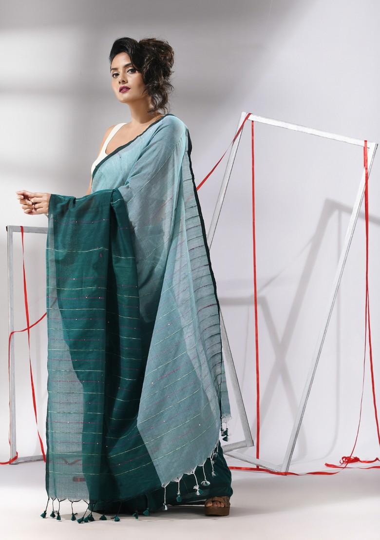 Teal Sequin Woven Work Cotton Saree Set