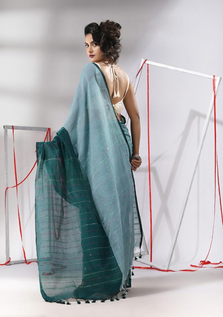 Teal Sequin Woven Work Cotton Saree Set