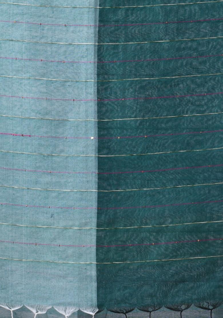 Teal Sequin Woven Work Cotton Saree Set
