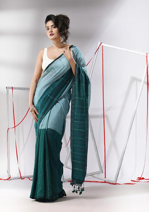 Teal Sequin Woven Work Cotton Saree Set