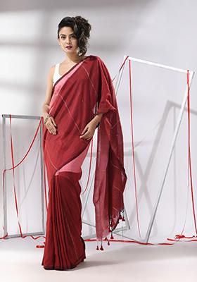 Red Sequin Woven Work Cotton Saree Set