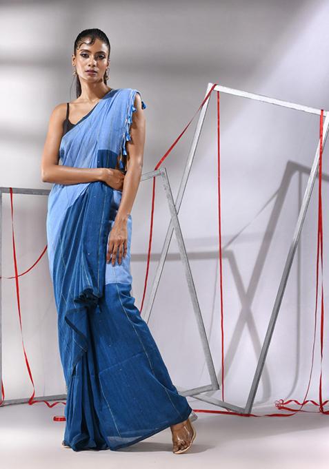 Peacock Blue Sequin Woven Work Cotton Saree Set