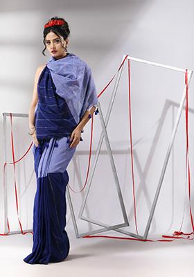 Blue Sequin Woven Work Cotton Saree Set