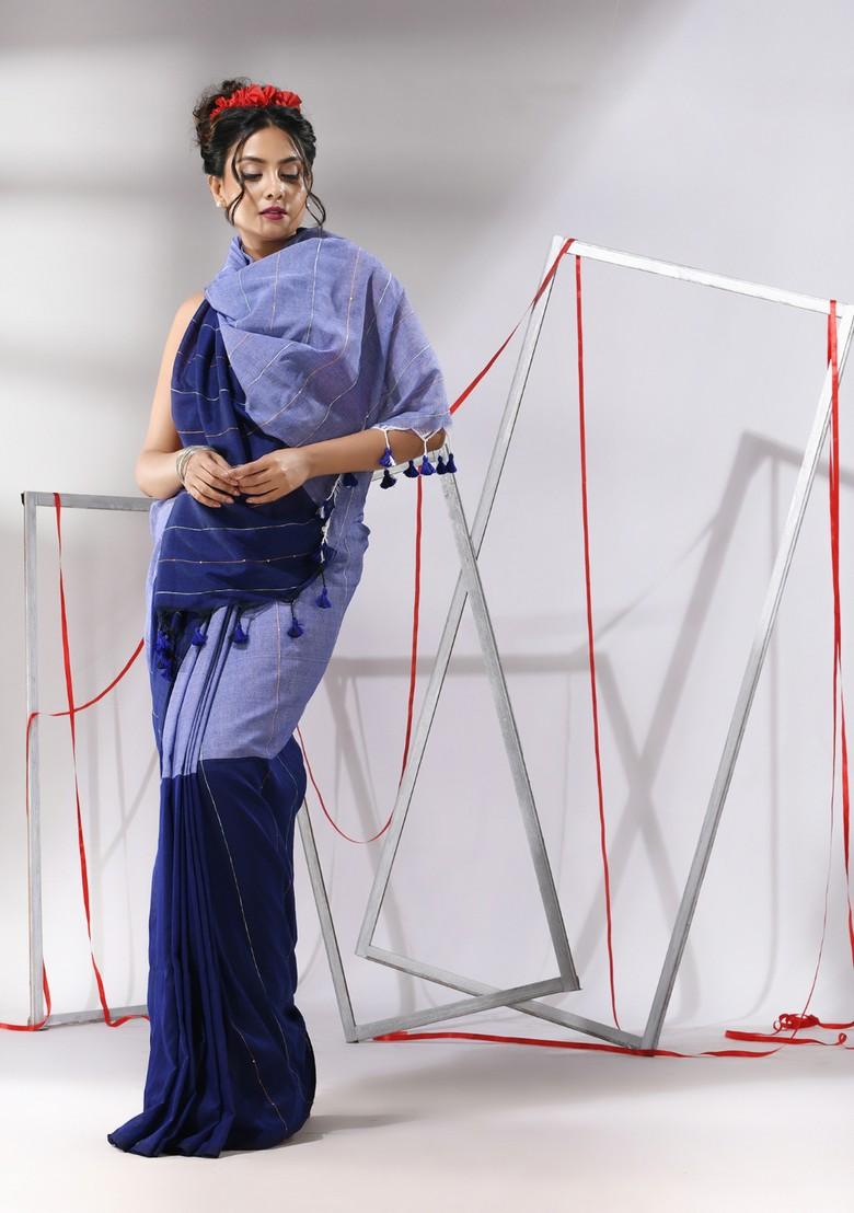 Blue Sequin Woven Work Cotton Saree Set - Indya
