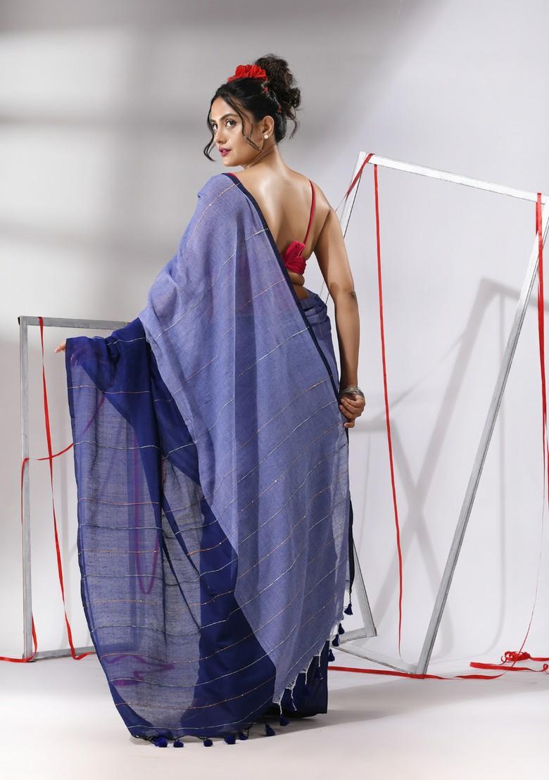 Blue Sequin Woven Work Cotton Saree Set - Indya