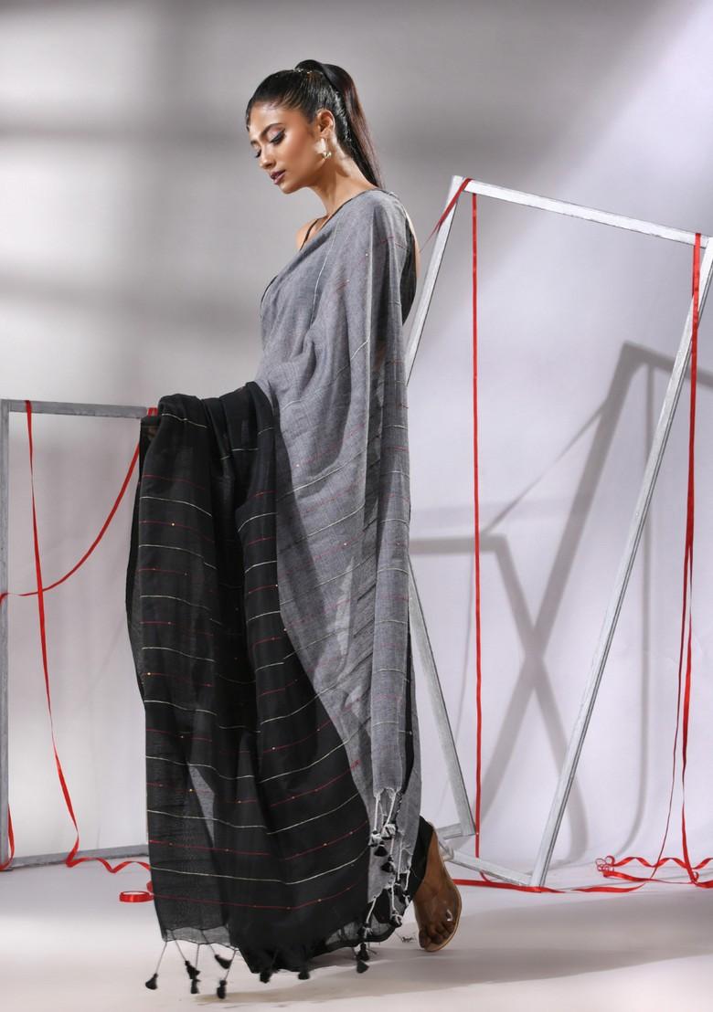 Black Sequin Woven Work Cotton Saree Set - Indya