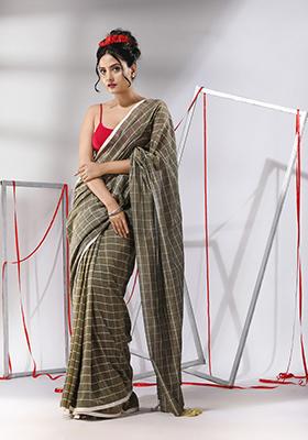 Ecru Checked Pattern Cotton Saree Set