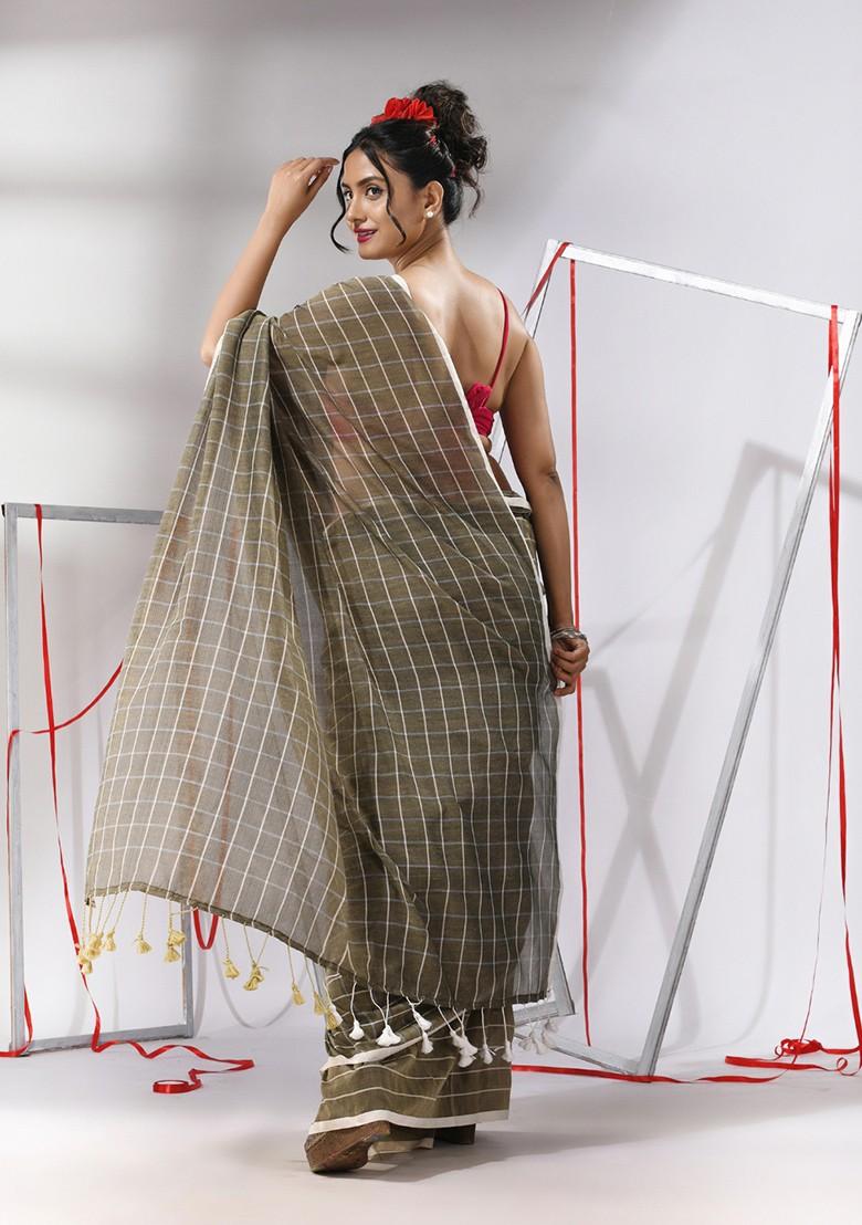 Ecru Checked Pattern Cotton Saree Set - Indya