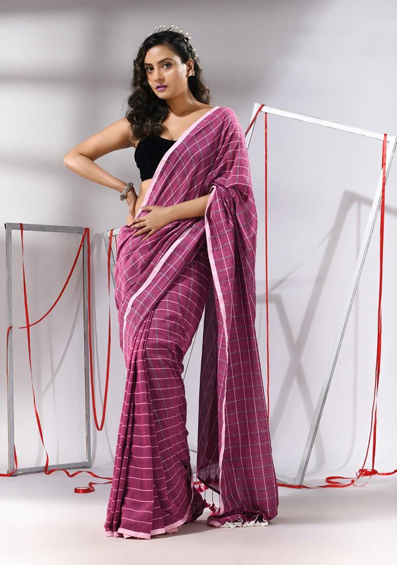 Magenta Checked Pattern Cotton Saree Set
