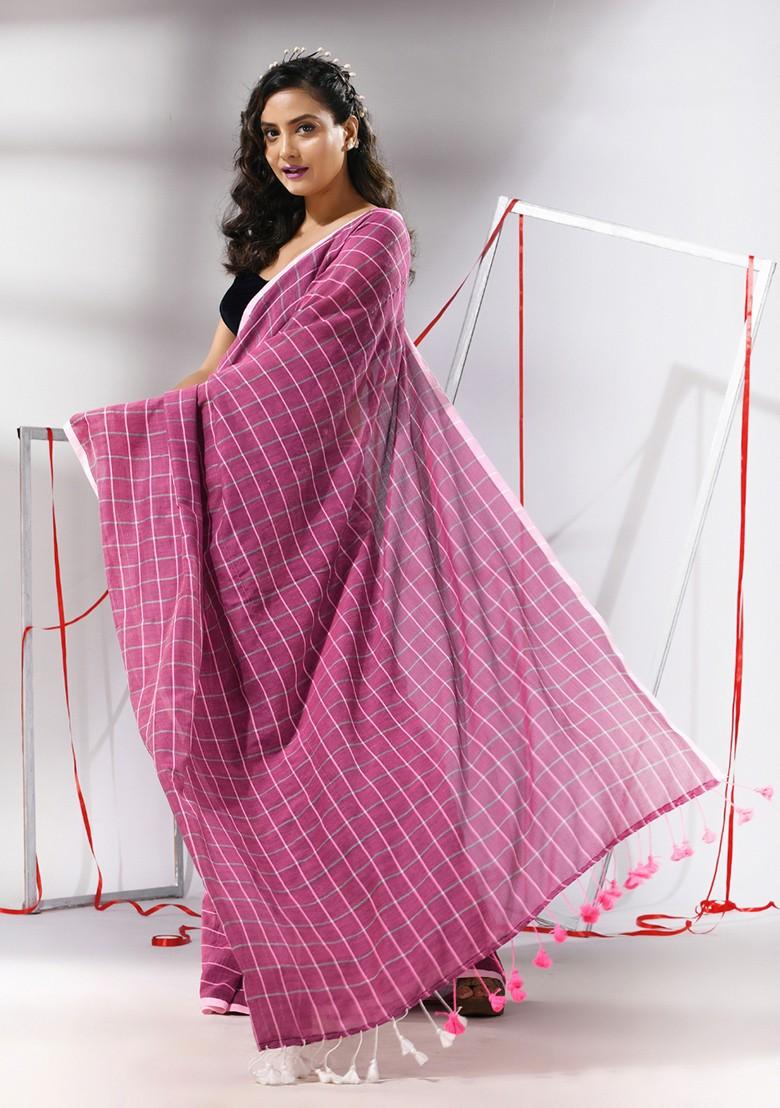 Magenta Checked Pattern Cotton Saree Set