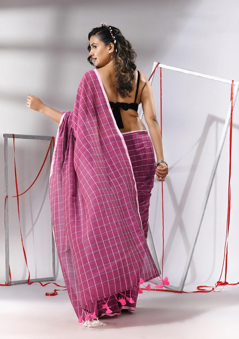 Magenta Checked Pattern Cotton Saree Set